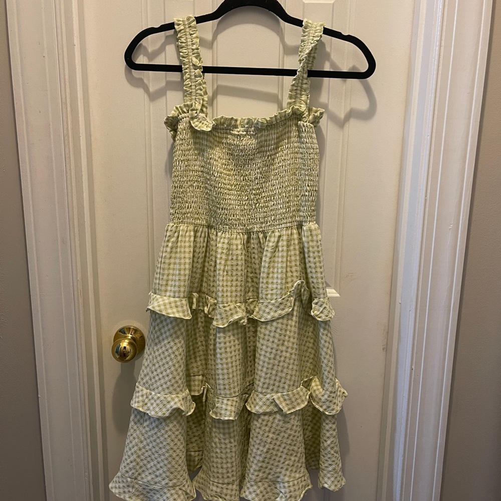 Green and White Gingham Ruffled Tiered Mini Sundress